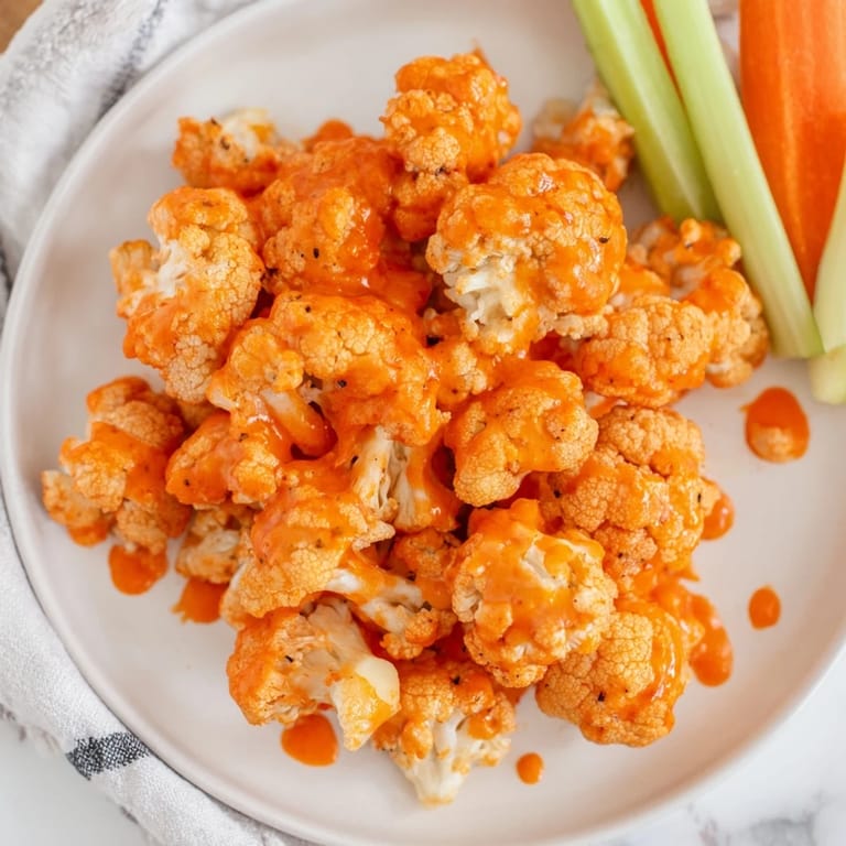 Vibrant image of a party platter: Delicious buffalo cauliflower bites with cooling celery and blue cheese.