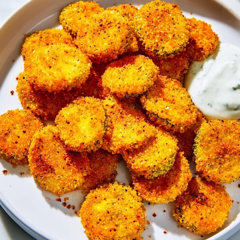 Close-up of crispy fried pickles showing their golden, breaded texture, perfect with dipping sauce.