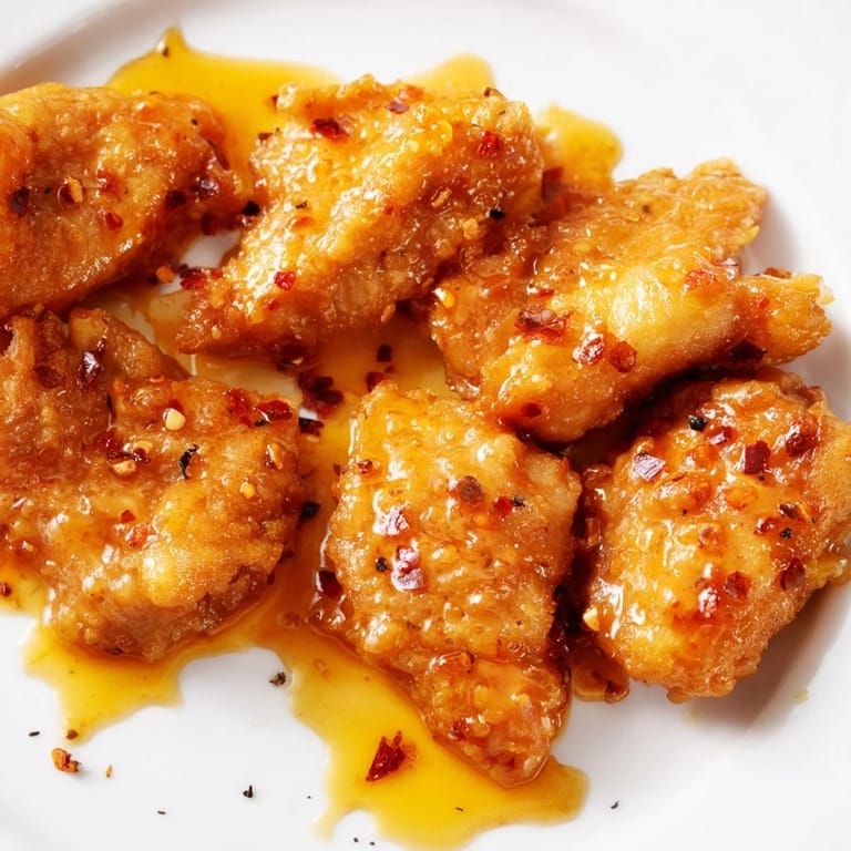 Juicy fried chicken is tossed in a sweet and spicy glaze, ready to be served alongside creamy coleslaw.