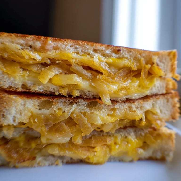 Serving suggestion for Crispy Onion Grilled Cheese beside a bowl of hot tomato soup, highlighting the crispy, savory layers.