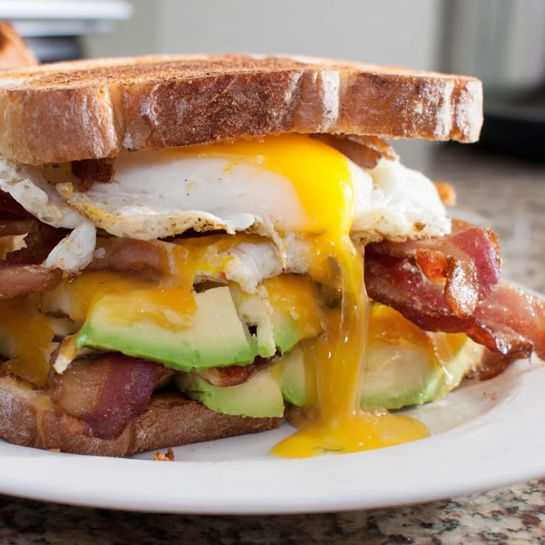 Homemade loaded breakfast sandwich stacked high with fresh spinach, a sunny-side-up egg, and smoky bacon on warm toasted bread.