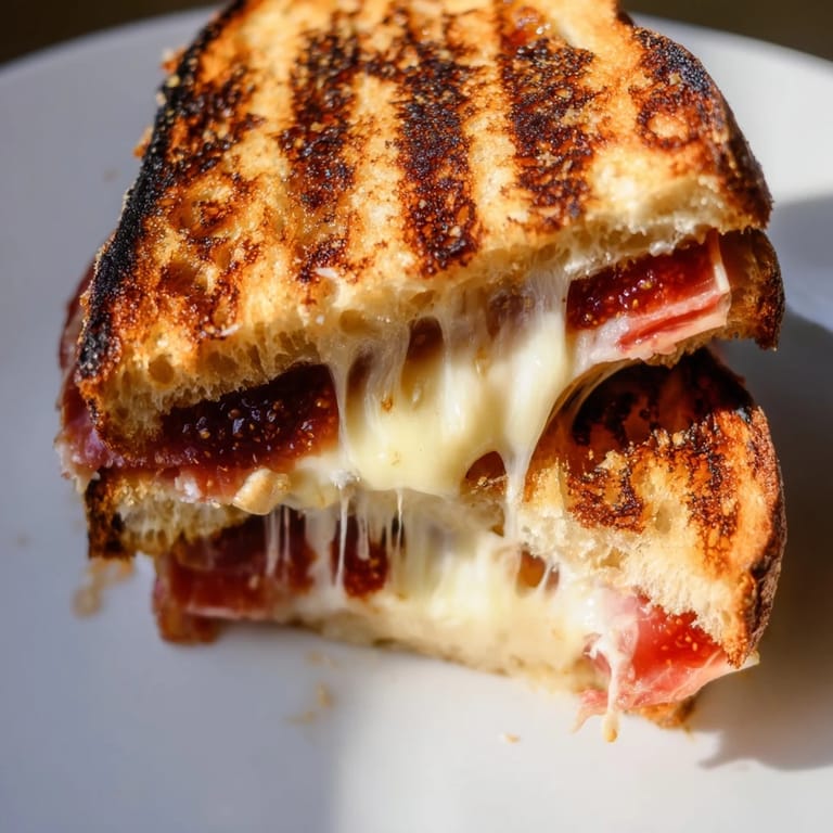 Crispy Prosciutto & Fig Panini sandwich on rustic Italian bread, with salty prosciutto and sweet fig jam on a wooden board.