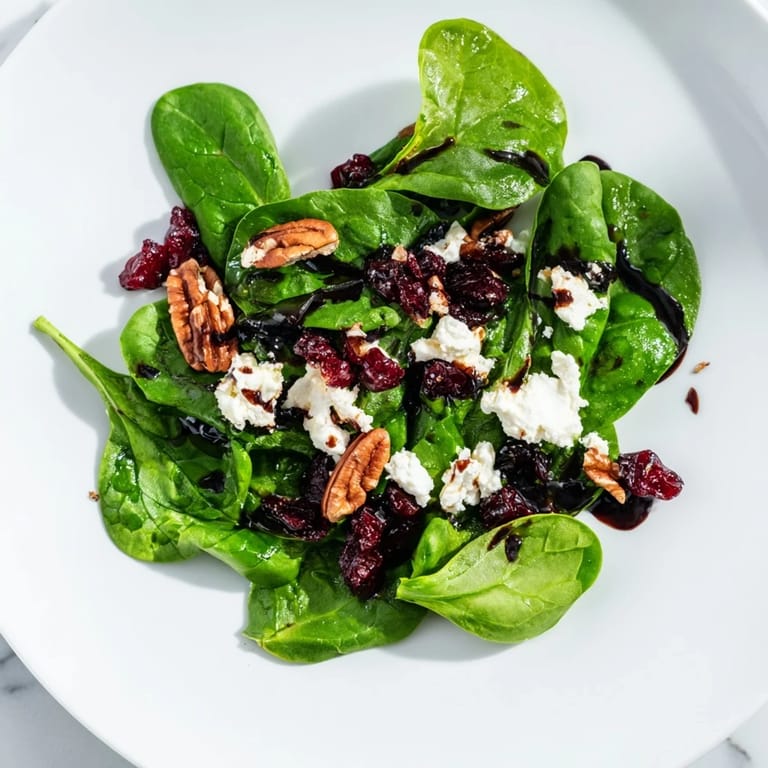 A vibrant spinach goat cheese salad tossed in a tangy balsamic vinaigrette, served on a white plate for a light lunch or elegant starter.  