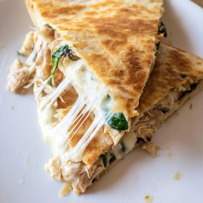 A Chicken and Spinach Quesadilla grilling in a skillet, golden-brown and bubbling with cheese, ready for a quick family dinner.