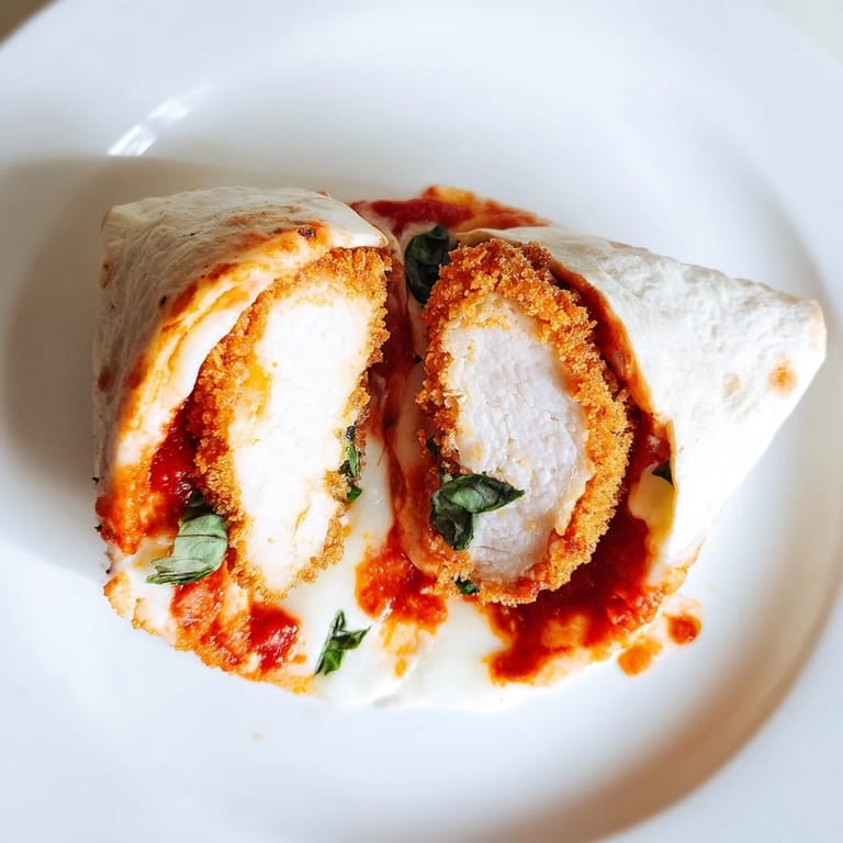 Fresh basil leaves sprinkled over a golden Crispy Chicken Parm Wrap, showcasing melted cheese and saucy marinara in a tortilla.