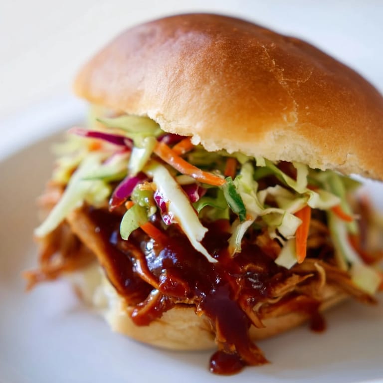 Freshly assembled BBQ chicken sliders with crunchy slaw, ready for a casual backyard dinner spread.