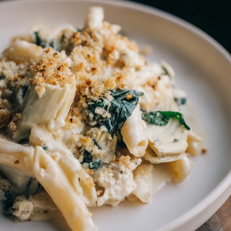 Crusty breadcrumb topping on a vegetarian Artichoke Pasta Bake, featuring penne pasta and rich Parmesan cream sauce.