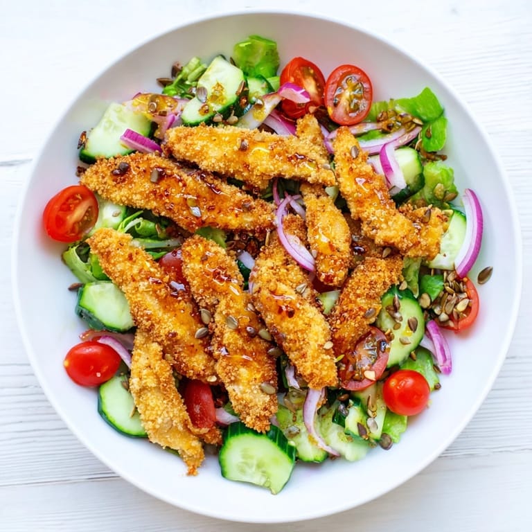 A fork holds a bite of Crispy Hot Honey Chicken Salad with crunchy seeds and fresh herbs.