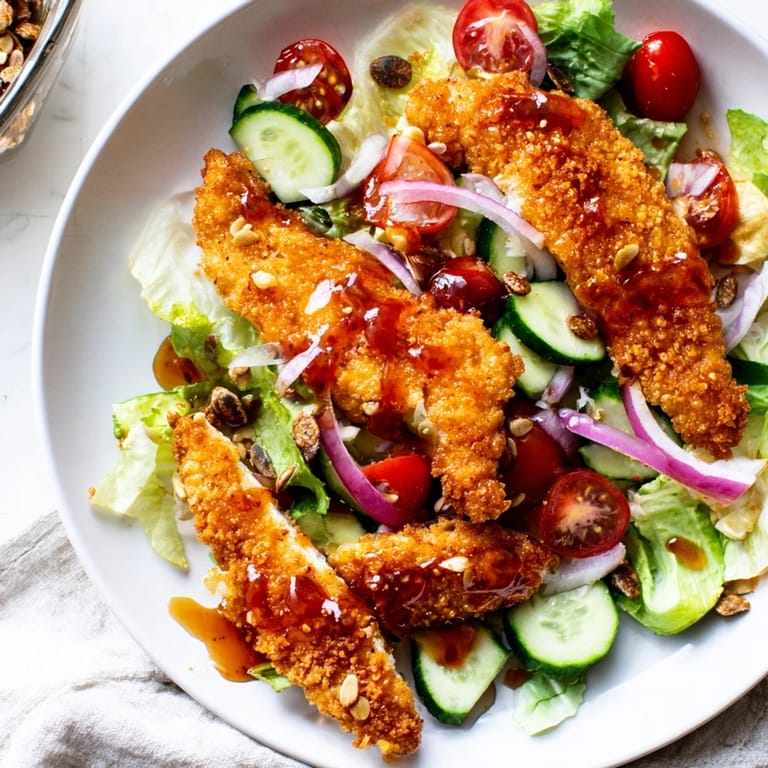 The Crispy Hot Honey Chicken Salad is plated with vibrant vegetables and a light lemon dressing.