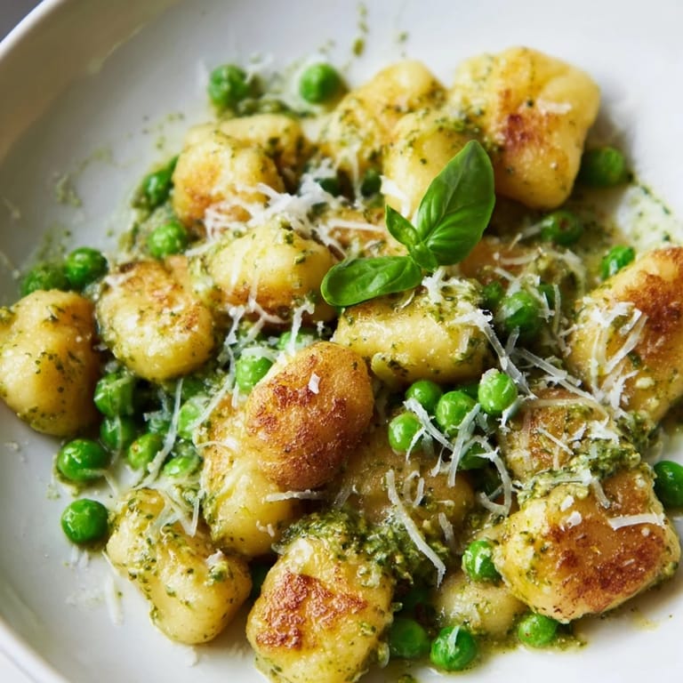 Sizzling Pesto Pea Gnocchi Skillet with fresh basil and Parmesan, ready for a quick vegetarian dinner.  