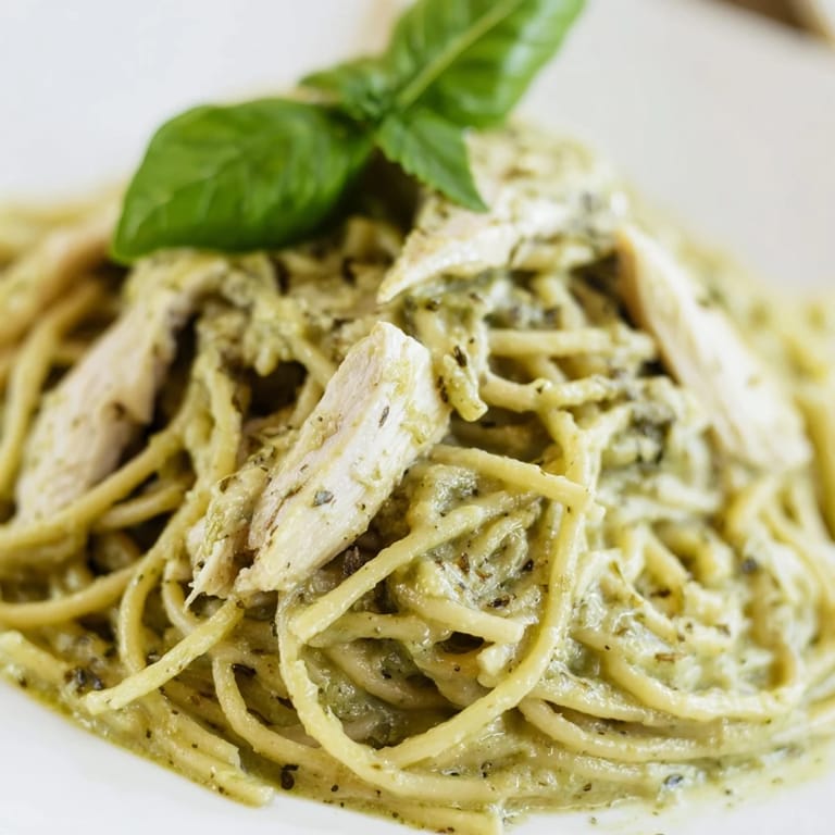 A vibrant forkful of creamy avocado chicken pasta, featuring tender grilled chicken and silky green sauce.  