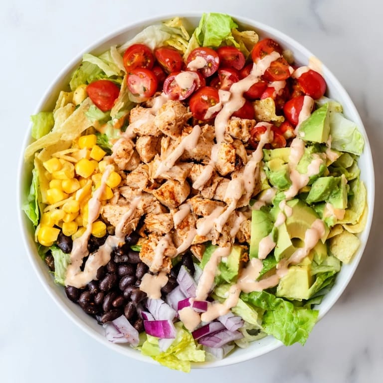 Freshly tossed Chicken Taco Chopped Salad featuring juicy tomato, black beans, corn, and creamy salsa ranch dressing.