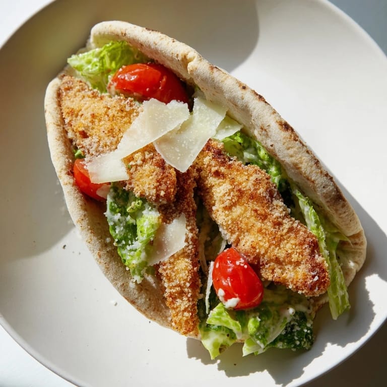 A handheld pita pocket overstuffed with air-fried crispy chicken Caesar salad, drizzled with extra dressing and topped with shaved Parmesan.
