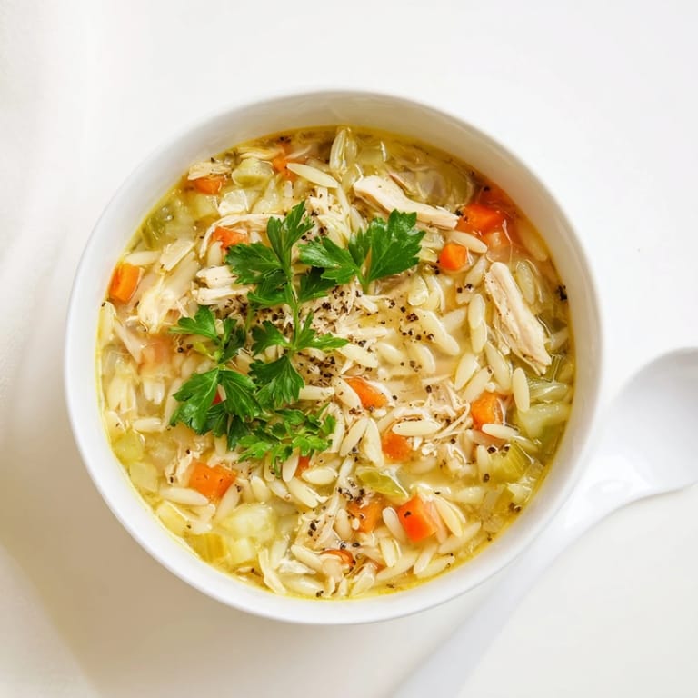 Bright Lemon Pepper Chicken Orzo Soup with shredded chicken and orzo served with lemon wedges on a rustic table.