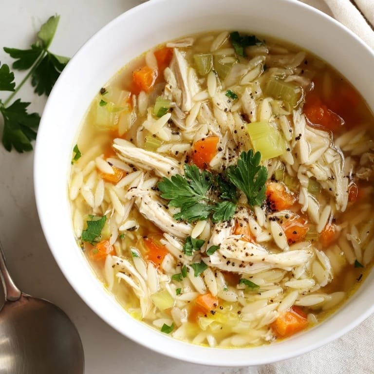 Cozy homemade Lemon Pepper Chicken Orzo Soup in a bowl, featuring zesty lemon and black pepper aromatics, ready to serve.