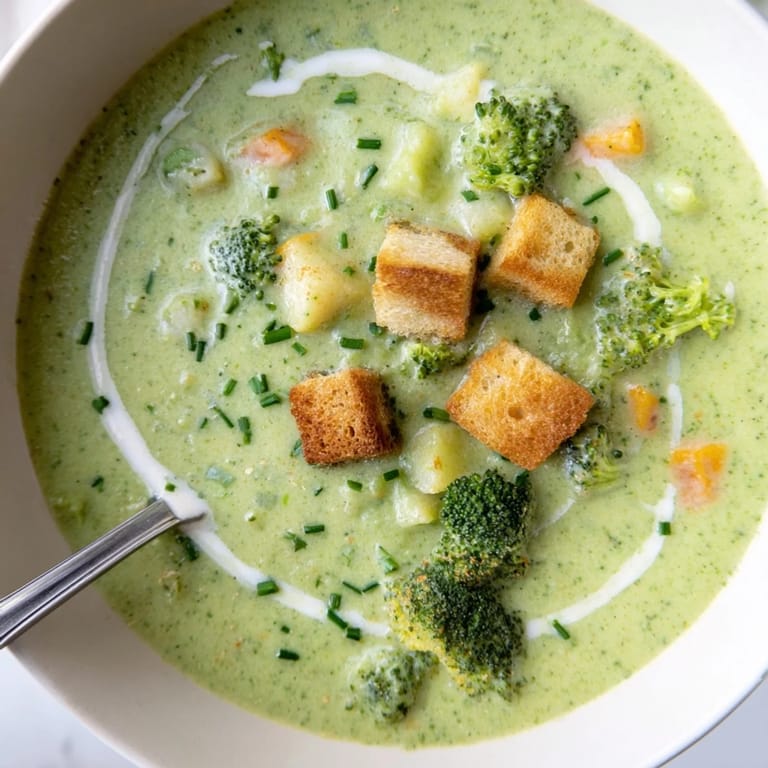 Creamy broccoli soup simmering in a pot with vibrant green florets and golden carrots.
