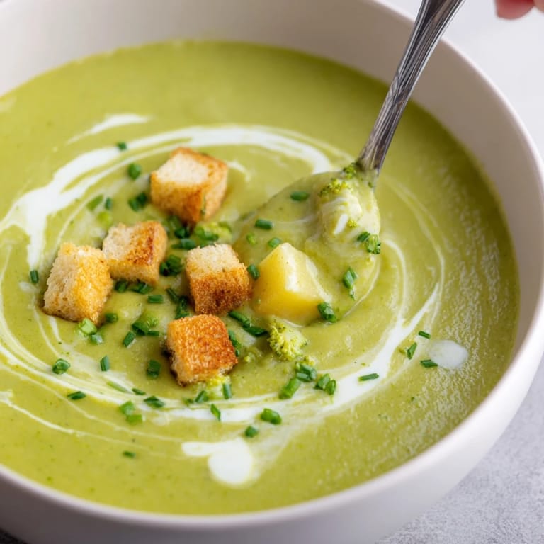 Velvety homemade creamy broccoli soup paired with crusty bread on a rustic wooden table.