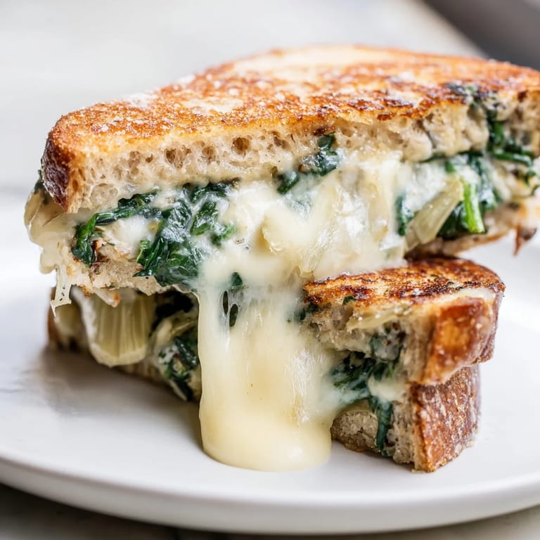 Served hot and sliced diagonally, this vegetarian Artichoke Spinach Grilled Cheese is a decadent comfort food meal.