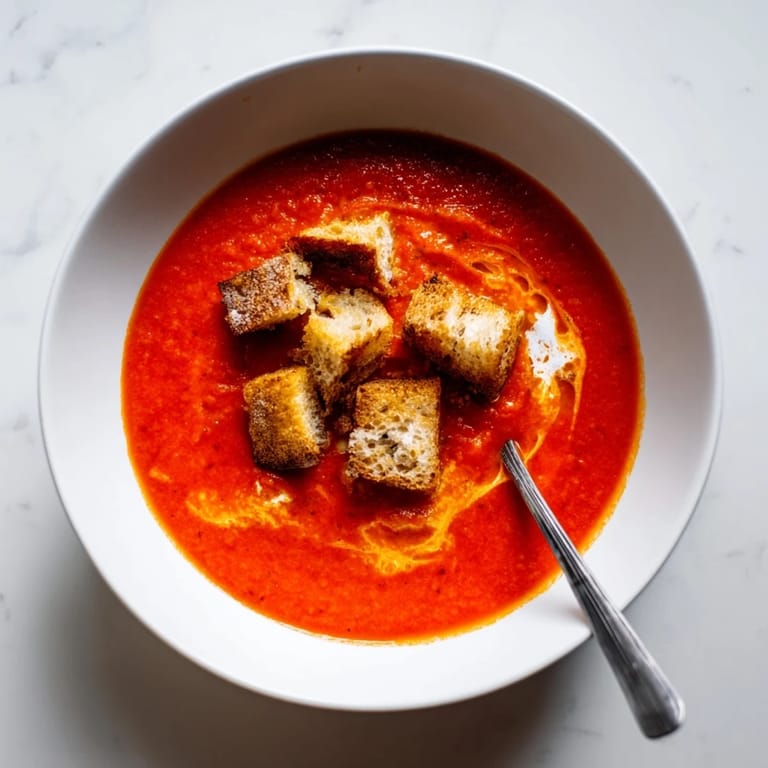 Close-up of Roasted Tomato Soup With Crispy Croutons showing a creamy red texture and crunchy, olive-oil seasoned bread cubes on top.