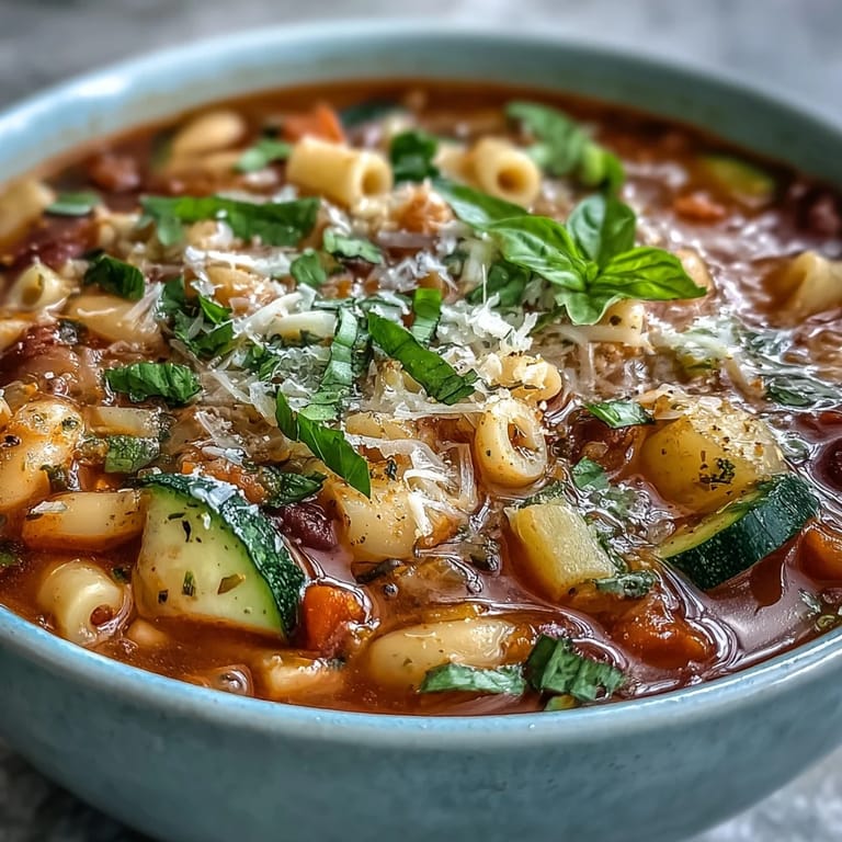 Comforting bowl of Minestrone Vegetable Soup garnished with fresh parsley and Parmesan cheese.