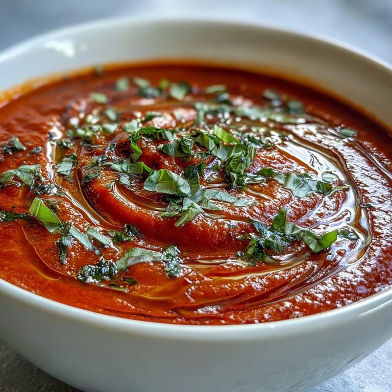 A bowl of homemade Tomato and Basil Soup served with crusty bread.