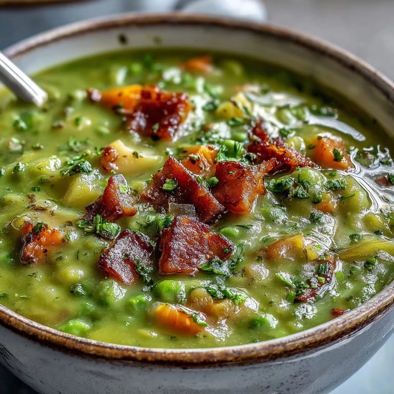 Vibrant green split pea soup, garnished with fresh thyme and pepper, steaming warmly in a white ceramic bowl.  
