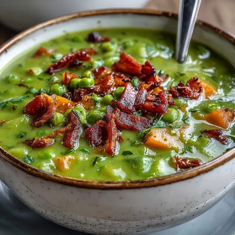 Traditional split pea soup featuring diced ham and aromatic vegetables, ready to enjoy as a comforting winter meal.