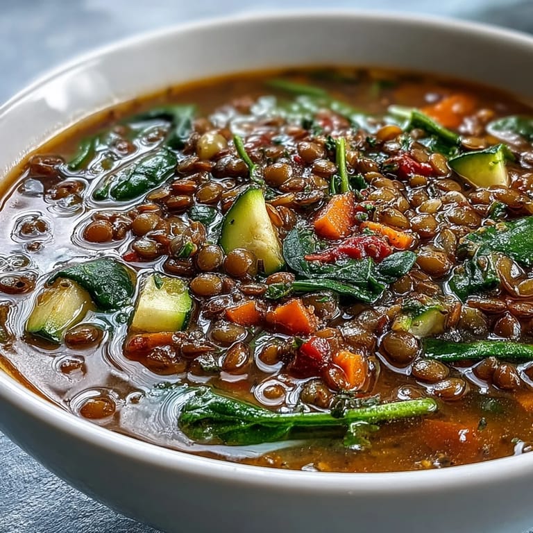 Steaming lentil and vegetable soup, loaded with healthy veggies on a chilly day.