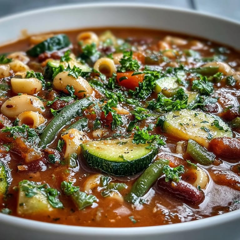 Freshly grated Parmesan cheese and chopped parsley garnish a steaming bowl of Minestrone Vegetable Soup.