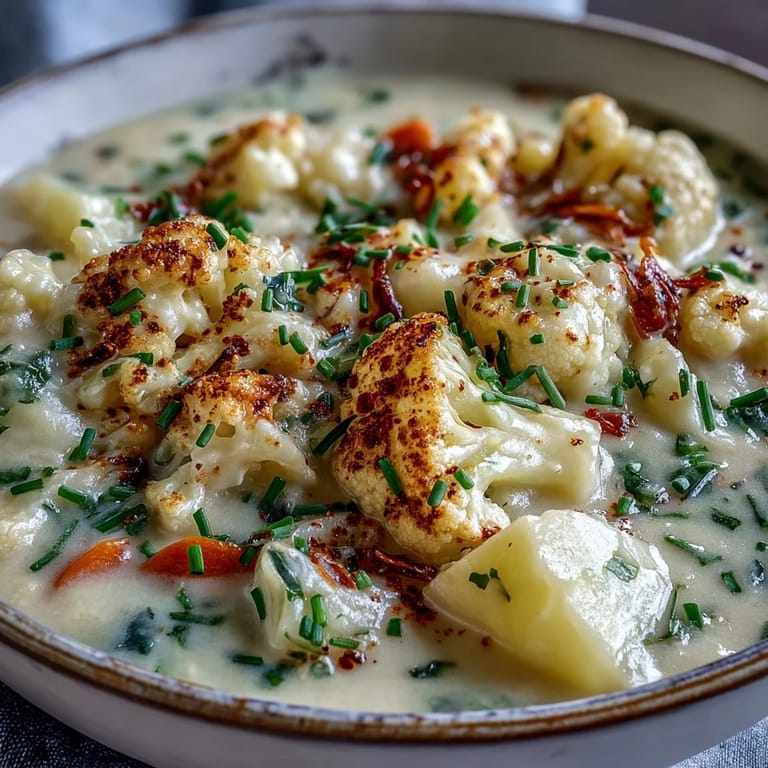 A ladle pours into a bowl of Vegetarian Cauliflower Chowder, showing its thick, velvety texture.