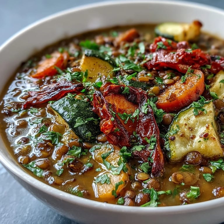 Homemade Lentil and Vegetable Soup with oven-roasted vegetables in a rustic pot, ready to serve with crusty bread.