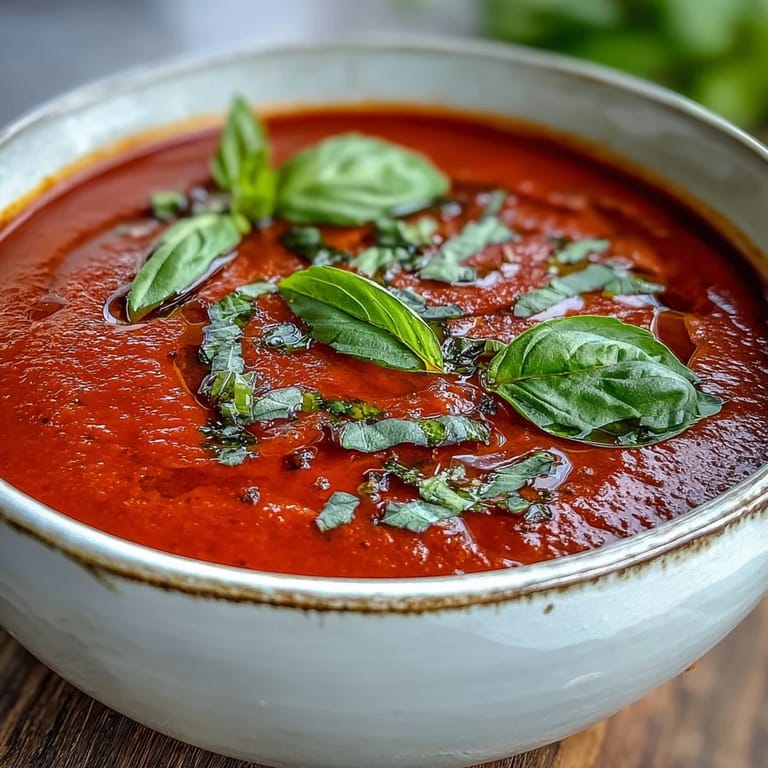 Silky smooth Tomato and Basil Soup garnished with fresh basil and a drizzle of olive oil. 
