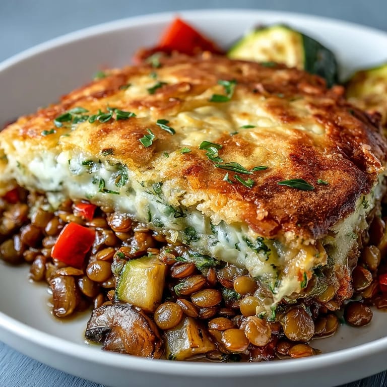 A wholesome scoop of Green Lentil and Vegetable Casserole paired with salad and crusty bread.