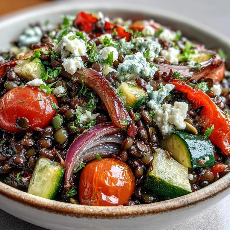 Fresh parsley garnish and vibrant vegetables complete this wholesome Mediterranean-style lentil salad, perfect for dinner.