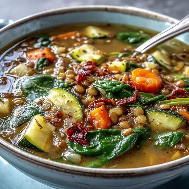 Earthy Lentil Soup simmers in a rustic pot with diced zucchini and tomatoes, topped with fresh parsley and lemon wedges.