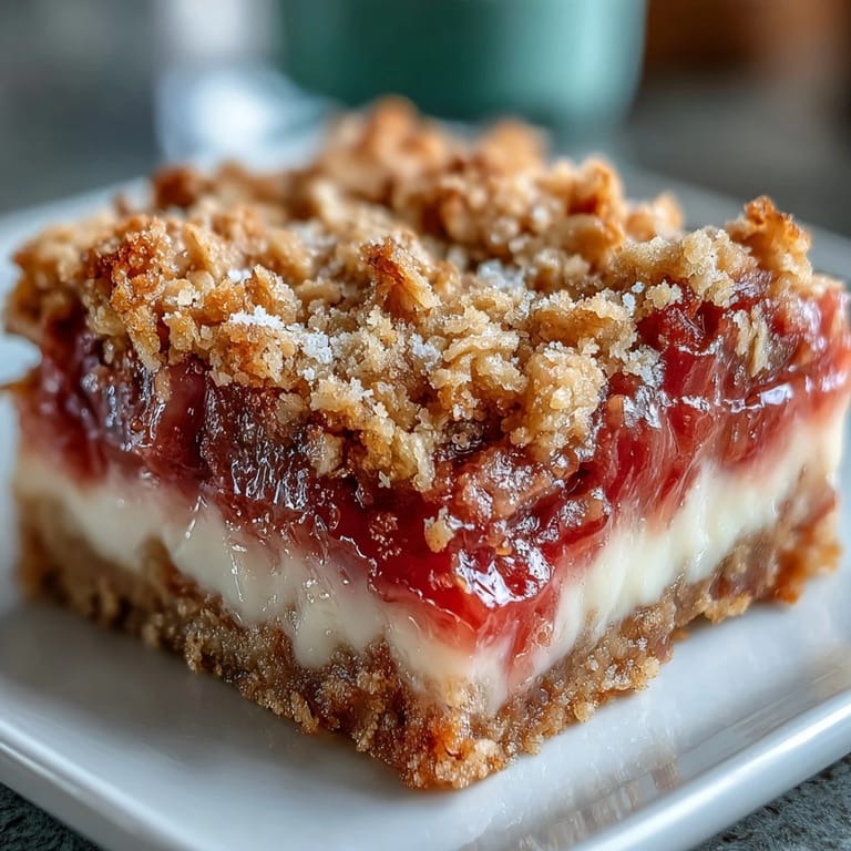 Rhubarb and Custard Crumble Bars showcase a creamy vanilla custard layer on a buttery shortbread base.