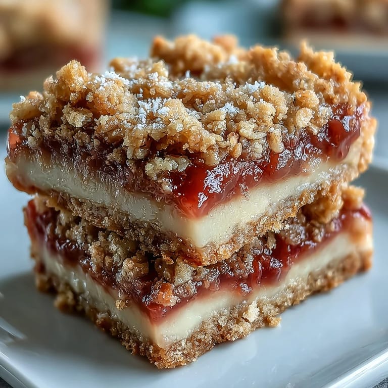 Sliced bars reveal tangy rhubarb and smooth custard, perfect for spring baking and afternoon tea.