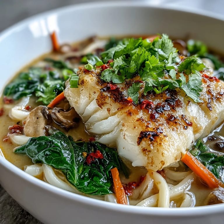A close-up of Poached Cod with Spiced Coconut Broth and Udon Noodles, showing flaky fish, tender greens, and golden chili oil drizzle.
