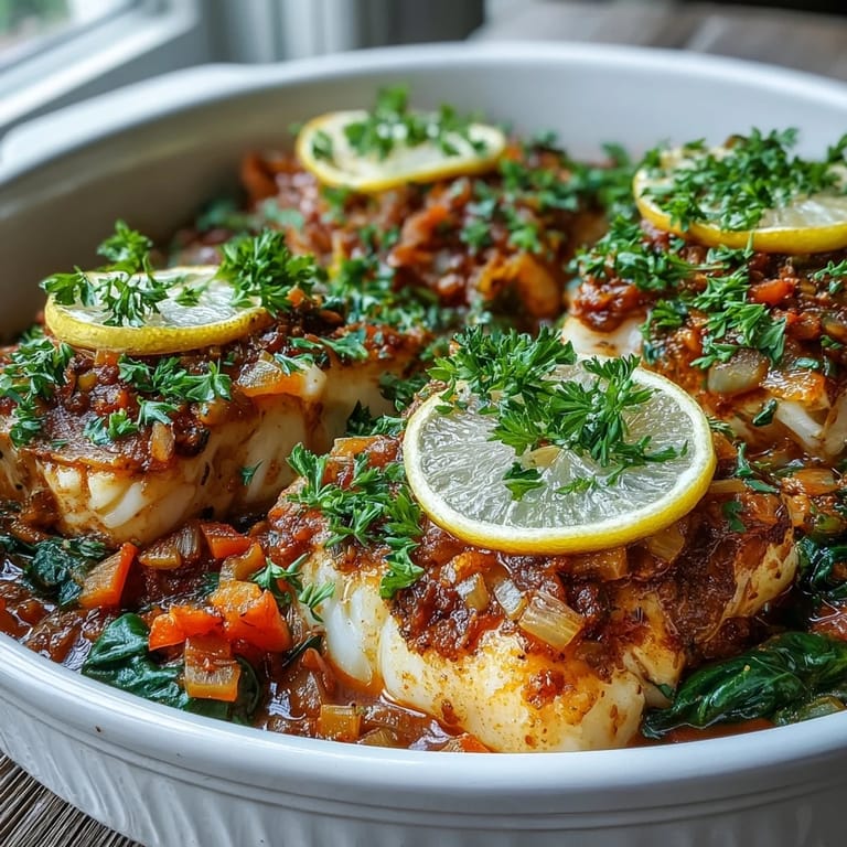 Sizzling Spiced Cod One Pot simmering in a deep skillet, steam rising from aromatic spices, bright peppers, and tender fish fillets.