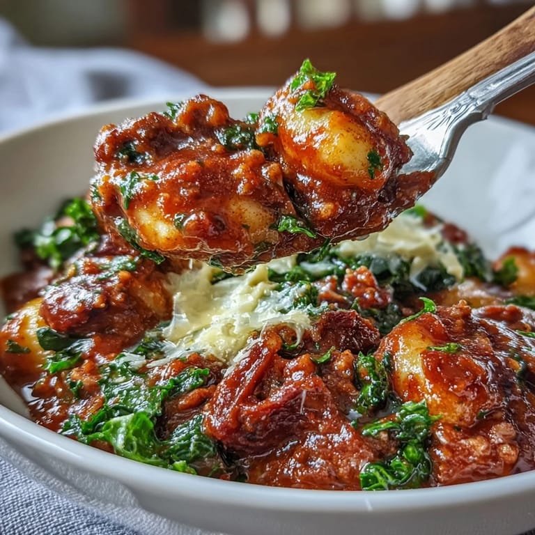 Steamy skillet of Sausage Gnocchi with Kale shows vibrant green leaves and spicy crumbles in a tomato base.