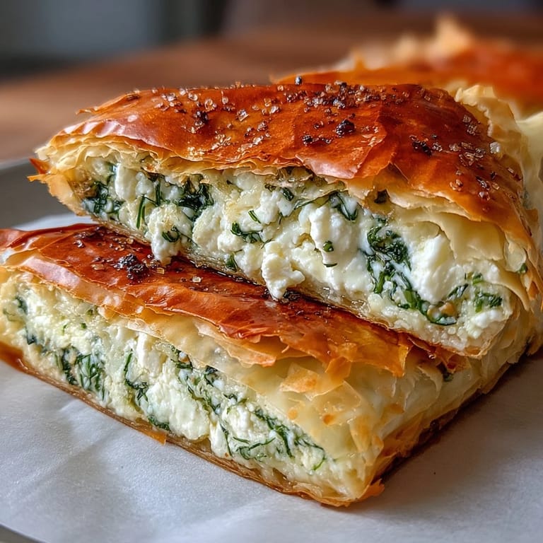 Golden-brown Feta and Kale Börek slices are plated on a rustic board, garnished with fresh dill for a savory appetizer.