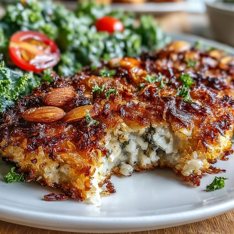 Almond-crusted chicken is plated over a marinated kale and sumac salad with slivered almonds.