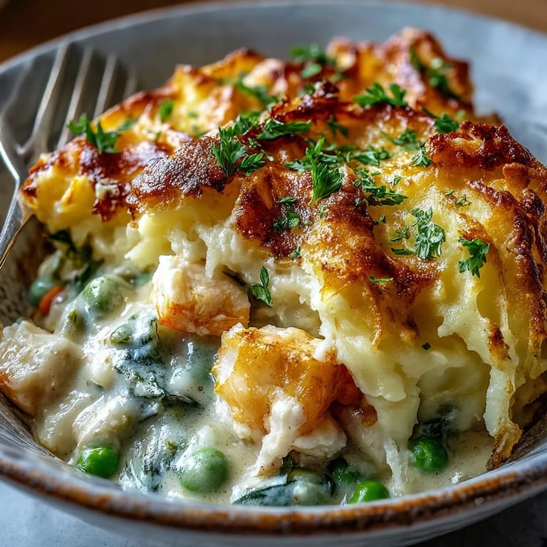 Steam rises from a spoonful of Curried Fish Pie revealing tender cod and a golden potato crust.