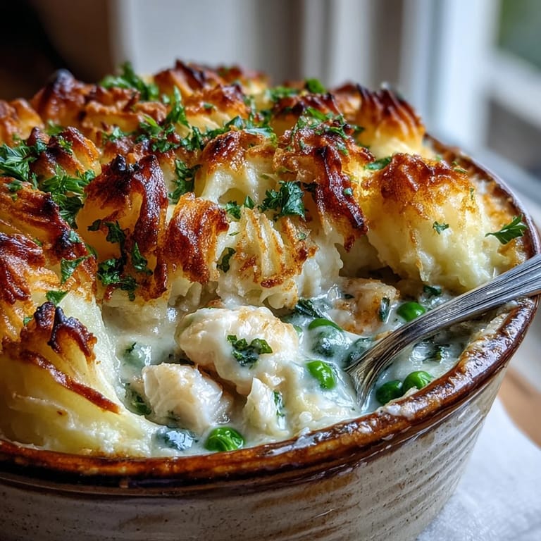 Bubbling Curried Fish Pie just out of the oven, paired with a crisp salad and white wine.