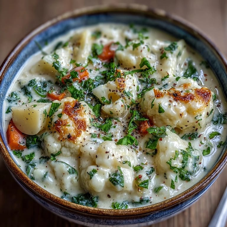 A spoon lifting a rich, cheesy serving of Vegetarian Cauliflower Chowder, revealing a velvety, blended texture.