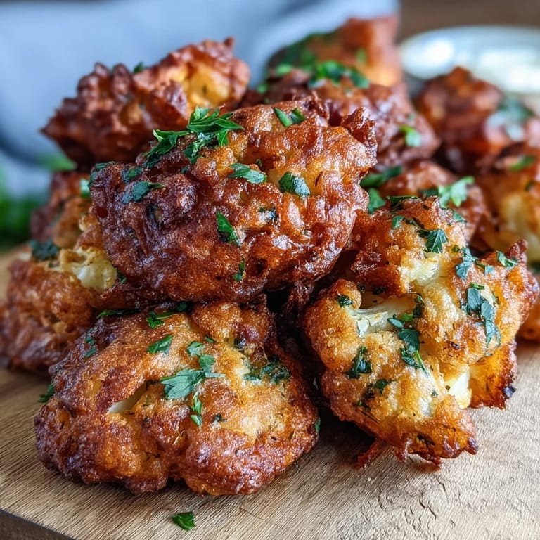 Freshly fried Cauliflower Bhajis with visible chickpea flour coating and spices, paired with a cooling yogurt dip.
