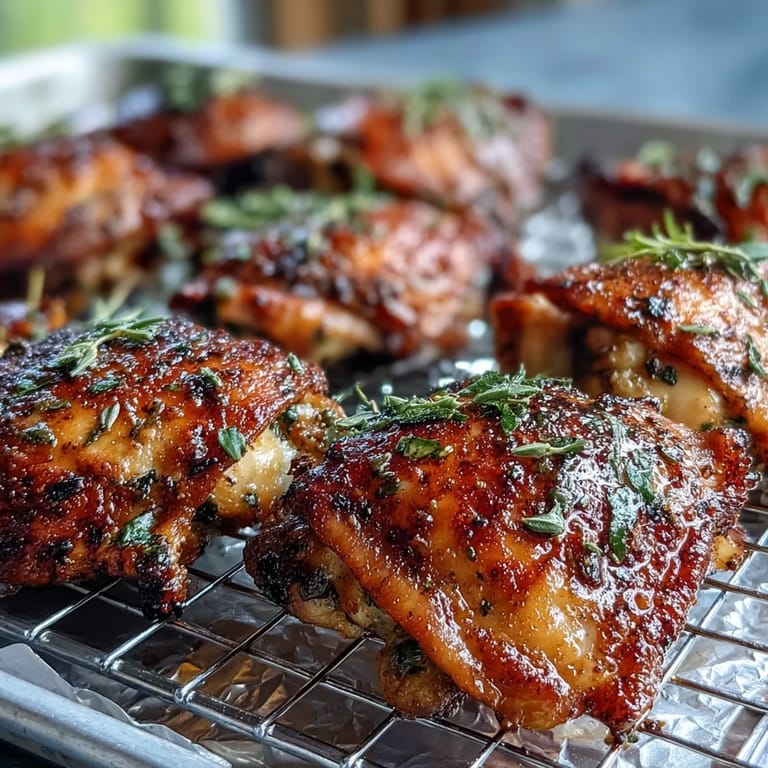 Serve these Crispy Baked Bone-In Chicken Thighs alongside roasted vegetables or mashed potatoes for a hearty, gluten-free American family dinner.
