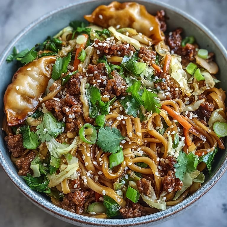 Close-up of savory potsticker noodles tossed with browned pork, bean sprouts, and vibrant carrots in a glossy, umami-rich sauce.