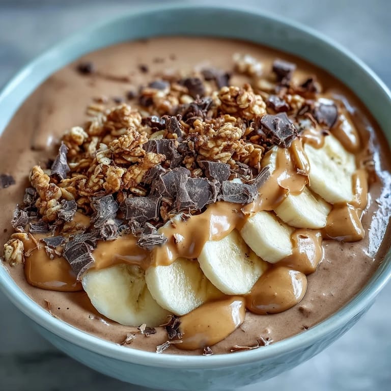 Close-up view of a spoonful of creamy Chocolate Peanut Butter Smoothie Bowl with chopped chocolate.
