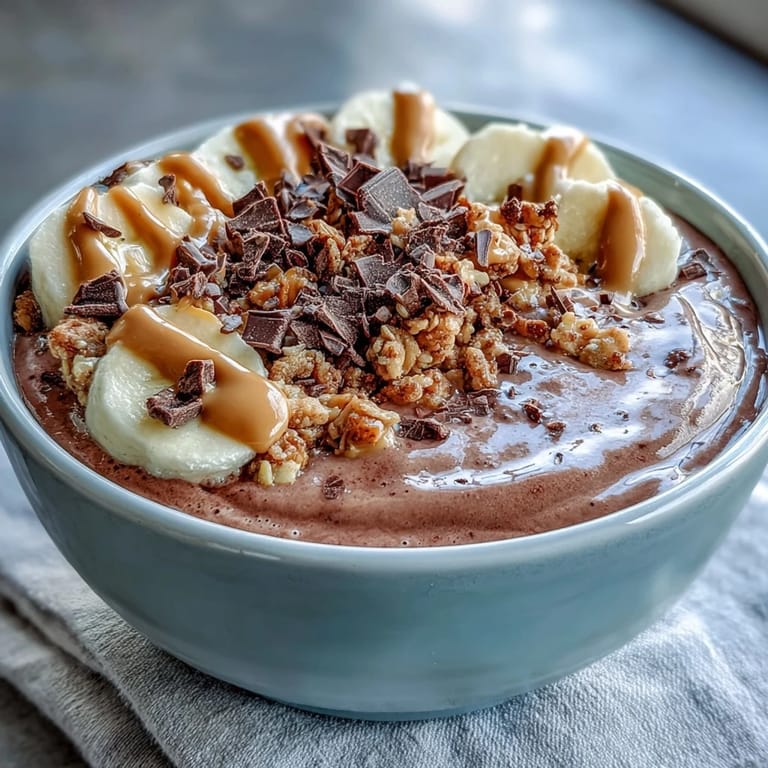 Chocolate Peanut Butter Smoothie Bowl in a ceramic bowl, ready to eat with a side of peanut butter.